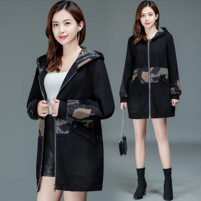 WEKED-BA001-1迷彩牛仔外套女中长款时尚连帽长袖大衣 商品图1
