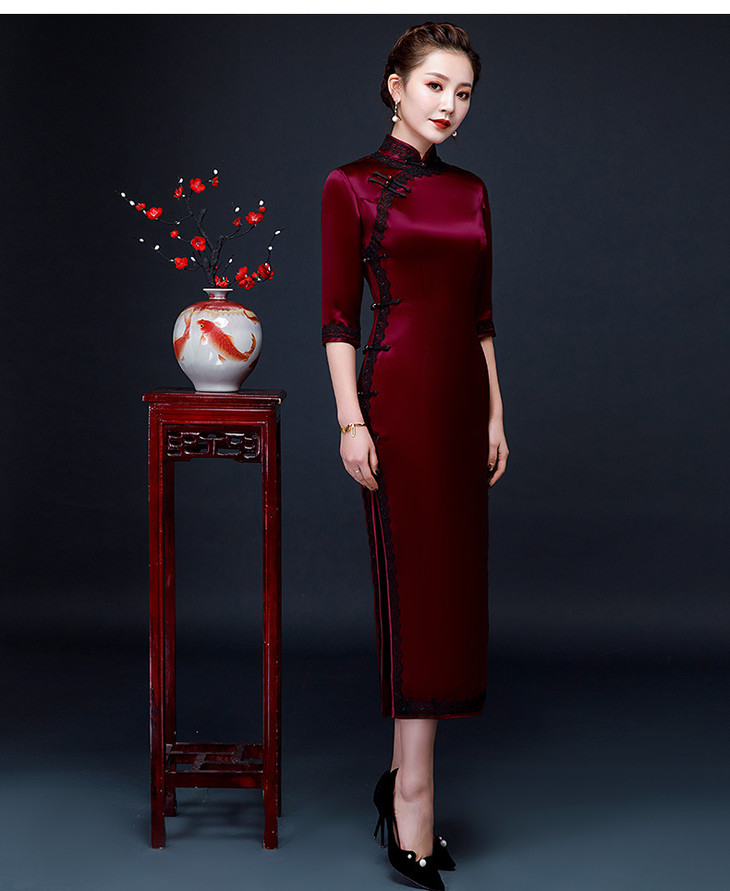 预售10天发货端庄大气改良修身长款醋酸缎婚宴旗袍礼服lhs1002