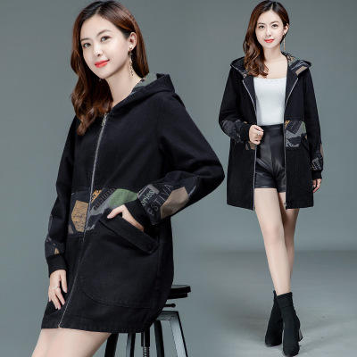 WEKED-BA001-1迷彩牛仔外套女中长款时尚连帽长袖大衣 商品图2