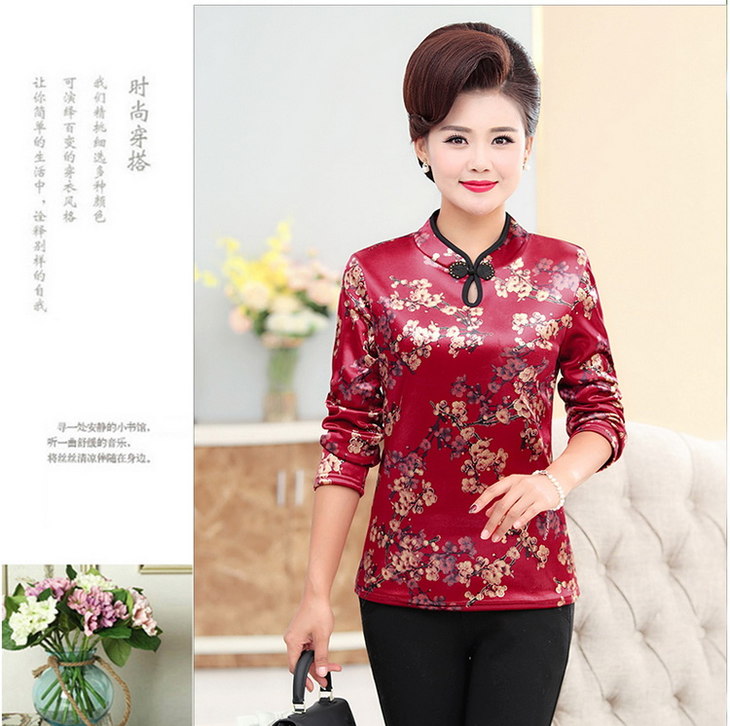mq1157832旗袍上衣女长袖印花短款五十岁秋春装民族风打底衫