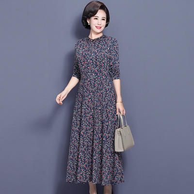 w1554秋新款贵夫人碎花气质中老年妈妈中年过膝连衣裙