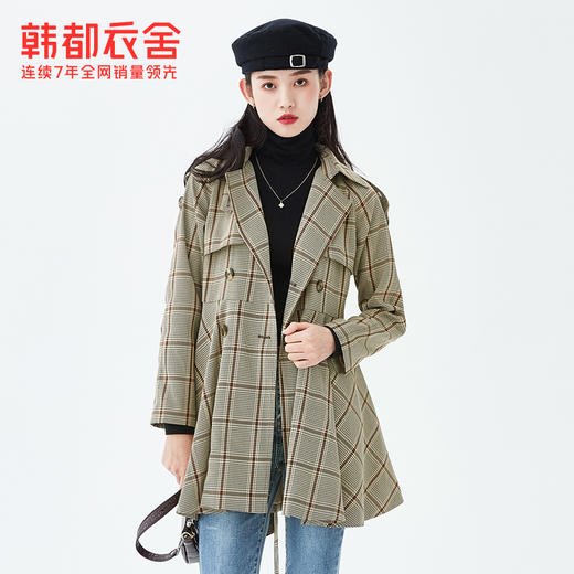 韩都衣舍2021春装新款收腰系带英伦风中长款格子风衣外套女PT9762 商品图3