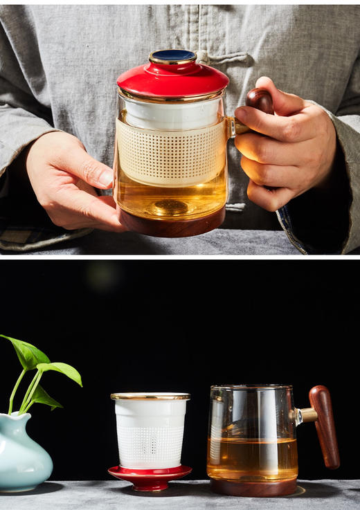 陶瓷玻璃杯过滤泡茶杯耐热木把带盖个人水杯茶水分离办公杯 商品图2