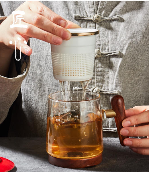 陶瓷玻璃杯过滤泡茶杯耐热木把带盖个人水杯茶水分离办公杯 商品图1
