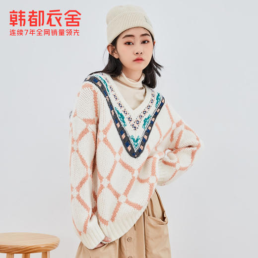 韩都衣舍2021春新款复古撞色毛衫大V领宽松学生毛针织衫女GQ11062 商品图1