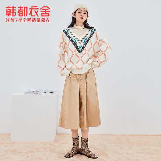 韩都衣舍2021春新款复古撞色毛衫大V领宽松学生毛针织衫女GQ11062 商品图2