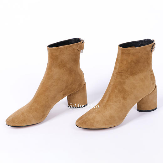 【à perles】春秋冬季时尚真皮小羊皮小圆头粗跟柔软纯色羊津绒面高跟靴鞋【注意鞋型偏小，现货】【清仓，不退不换】 商品图2