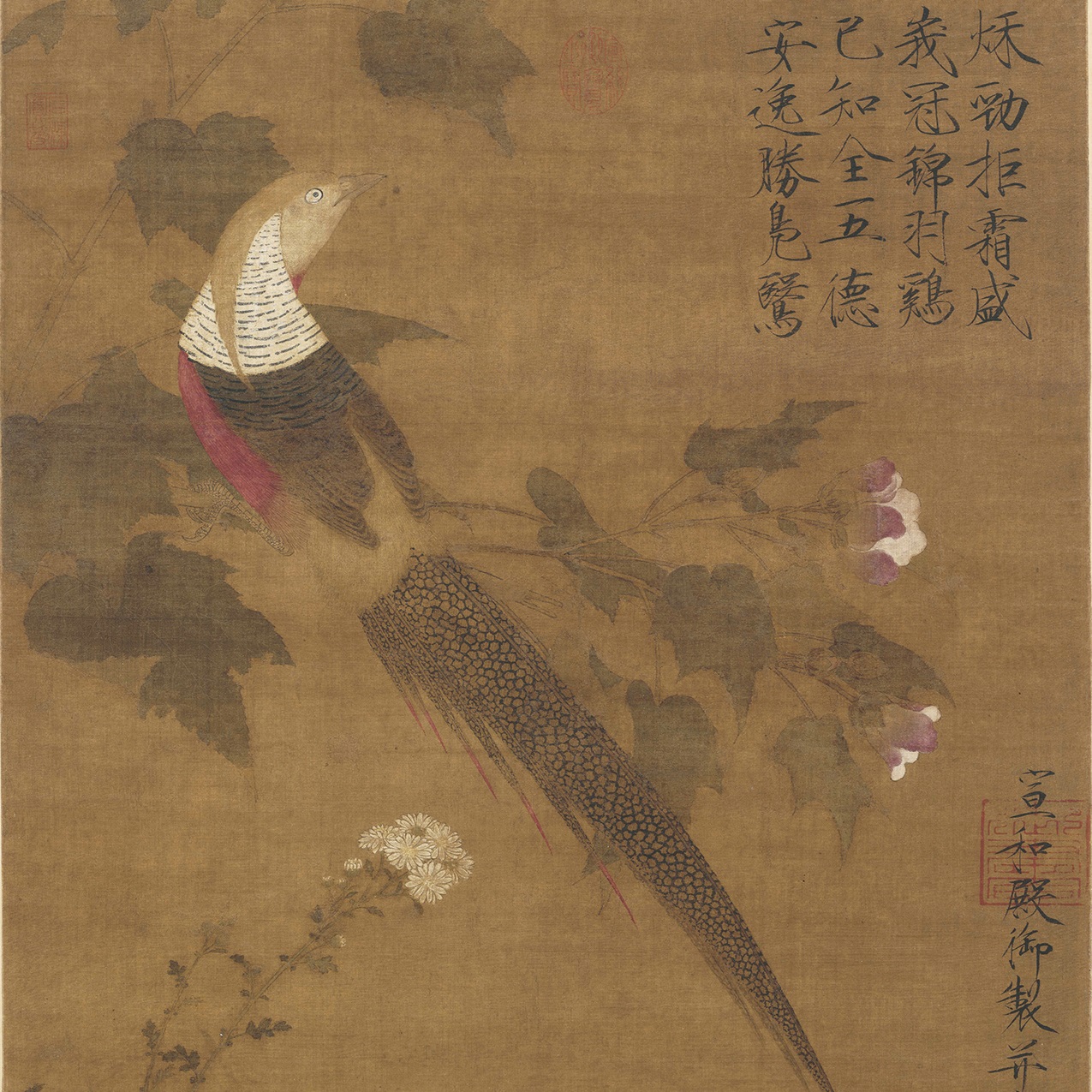 【定制书画】（宋）宋徽宗赵佶《芙蓉锦鸡图》绢本 立轴 馆藏书画高仿复制艺术品（付款后28天内发货）