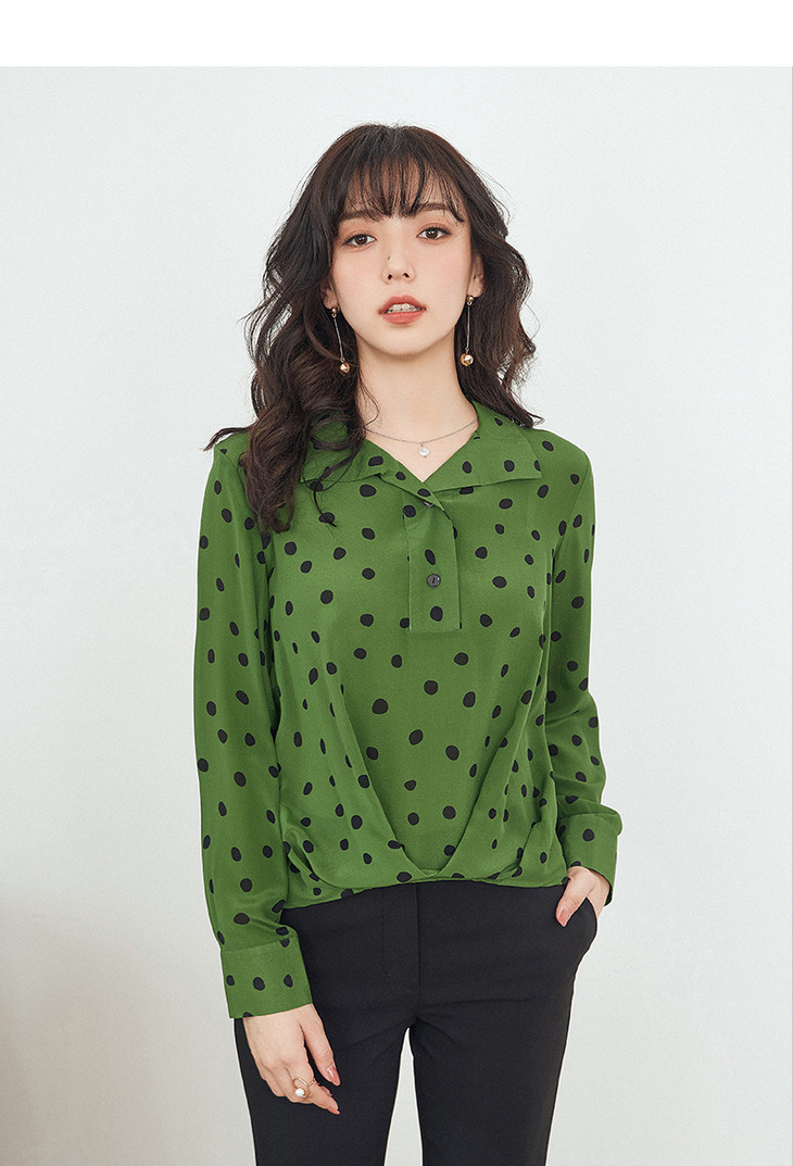 cc 8-1216-1气质绿波点真丝桑蚕丝长袖气质衬衫