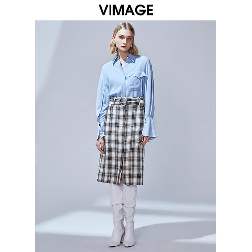 VIMAGE纬漫纪秋款工装格纹显瘦高腰包臀开叉半身裙女裙V1406006 商品图1
