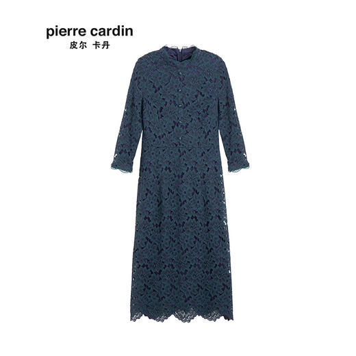 商场同款皮尔卡丹女装 长款不开衩蕾丝连衣裙小立领七分袖长裙
 商品图4
