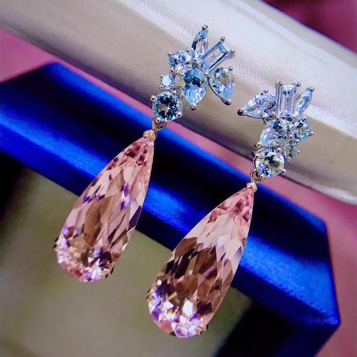 超美摩根石耳钉特惠r高贵大气定制款精品蜜桃粉18k摩根石耳坠摩根石