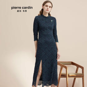商场同款皮尔卡丹女装 长款不开衩蕾丝连衣裙小立领七分袖长裙
