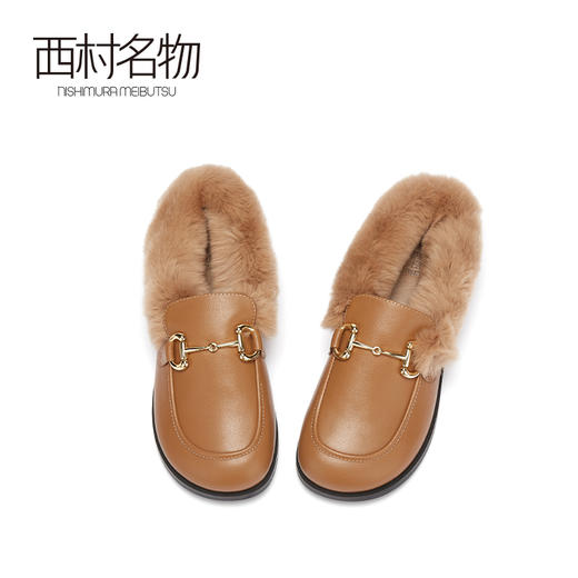 西村名物2020秋季新款穆勒拖牛皮革低跟舒适休闲毛毛鞋X20CM32121 商品图3