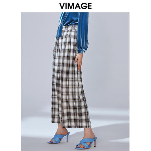 VIMAGE纬漫纪秋款时尚英伦格纹百搭显瘦直筒阔腿长裤女V1405005 商品图2