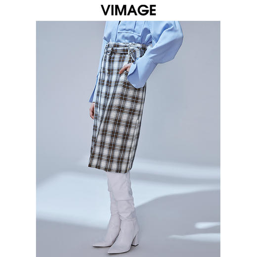 VIMAGE纬漫纪秋款工装格纹显瘦高腰包臀开叉半身裙女裙V1406006 商品图2