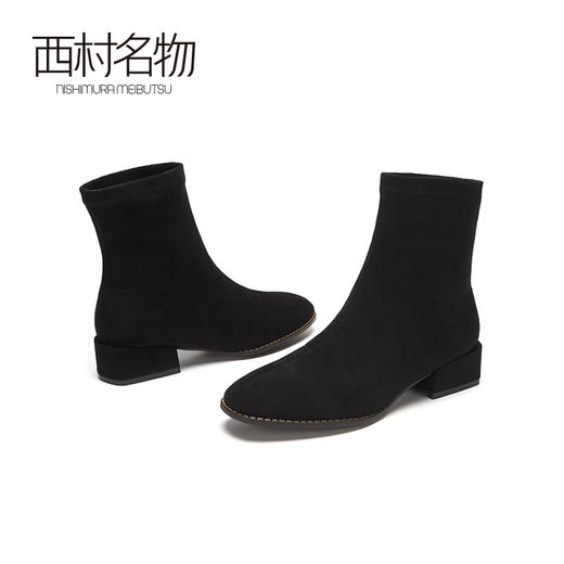 西村名物2020冬季新款短靴牛皮革中跟纯色简约休闲女靴T20DS40271 商品图3