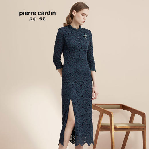 商场同款皮尔卡丹女装 长款不开衩蕾丝连衣裙小立领七分袖长裙
 商品图1