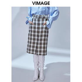 VIMAGE纬漫纪秋款工装格纹显瘦高腰包臀开叉半身裙女裙V1406006