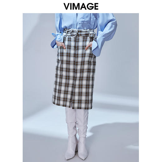 VIMAGE纬漫纪秋款工装格纹显瘦高腰包臀开叉半身裙女裙V1406006 商品图0