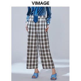 VIMAGE纬漫纪秋款时尚英伦格纹百搭显瘦直筒阔腿长裤女V1405005
