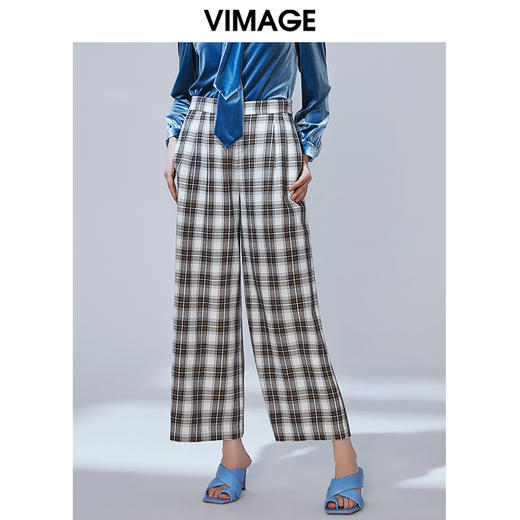 VIMAGE纬漫纪秋款时尚英伦格纹百搭显瘦直筒阔腿长裤女V1405005 商品图0