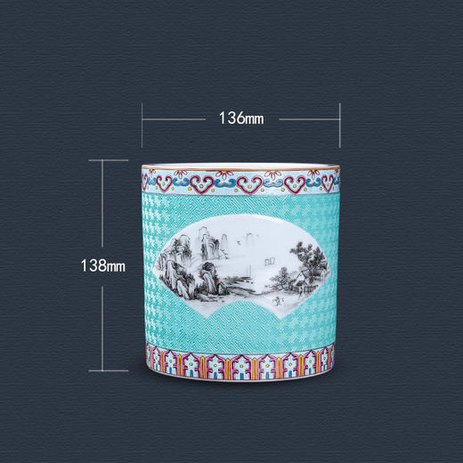 宝瓷林湖水绿锦地雕刻开窗墨彩山水笔筒 商品图4