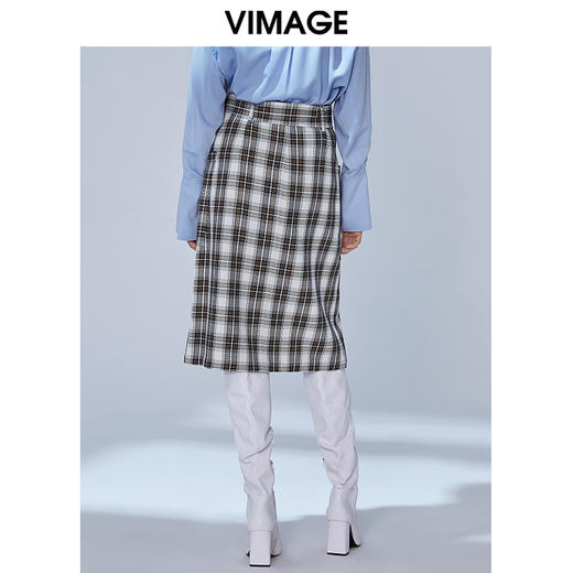 VIMAGE纬漫纪秋款工装格纹显瘦高腰包臀开叉半身裙女裙V1406006 商品图3