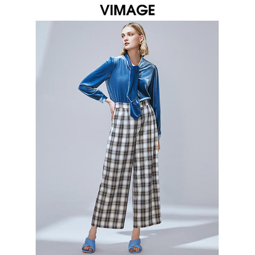VIMAGE纬漫纪秋款时尚英伦格纹百搭显瘦直筒阔腿长裤女V1405005 商品图1