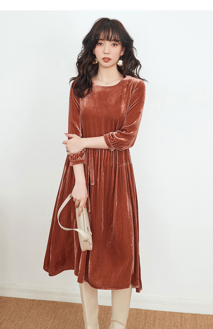 cc 81206灯笼袖收腰真丝绒系带桑蚕丝连衣裙