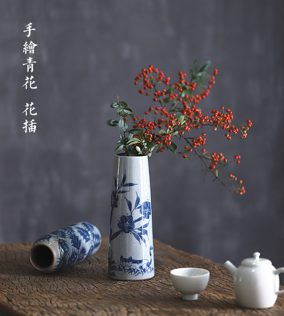「景德镇中式青花瓷手绘小插花瓶」客厅摆件 纯手工陶瓷创意水培花器