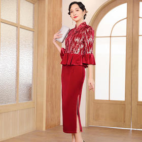 DLQ-A2623中式礼服红色丝绒款妈妈装旗袍裙套装女
