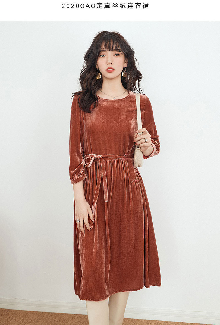 cc 81206灯笼袖收腰真丝绒系带桑蚕丝连衣裙