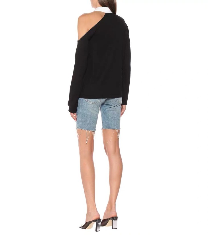 rta 早秋2020ss经典黑白撞色衬衫领露肩长袖t恤