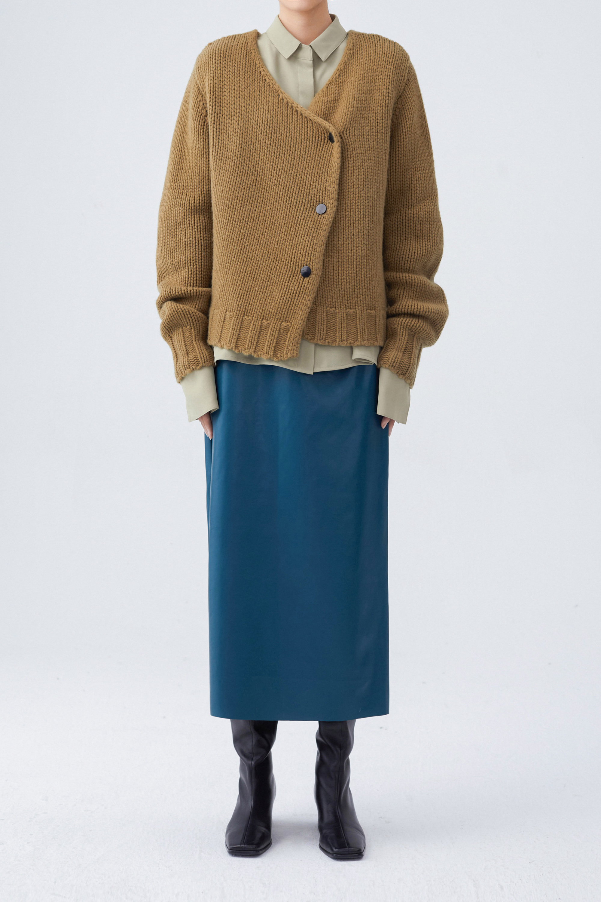 HIDEMI 美利奴羊毛斜门襟设计感开衫