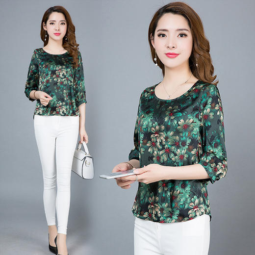 AYY-1143-KC春夏仿真丝女圆领七分袖碎花小衫 商品图1