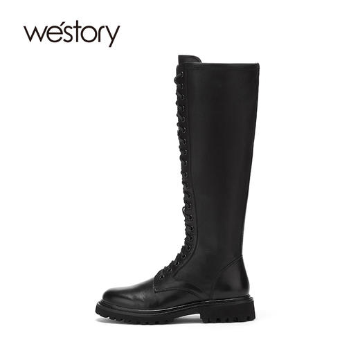 westory2020早秋新品马丁靴女鞋平底牛皮革系带长靴W20DQ80171 商品图1