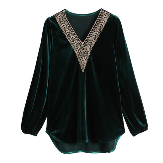 KQL-E237N9135金丝绒中长款打底衫秋冬绣花V领上衣 商品图4