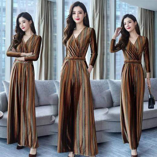 CQ-ZMFS88083新款时尚气质百搭V领长袖高腰条纹连体裤 商品图2