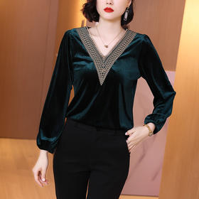 KQL-E237N9135金丝绒中长款打底衫秋冬绣花V领上衣