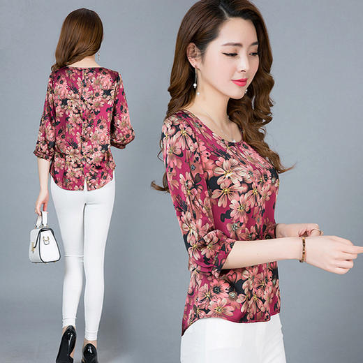 AYY-1143-KC春夏仿真丝女圆领七分袖碎花小衫 商品图3