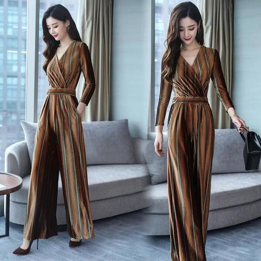 CQ-ZMFS88083新款时尚气质百搭V领长袖高腰条纹连体裤 商品图3