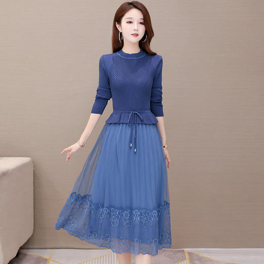 QYM-LRX-M9206-L长款假两件拼接长袖针织连衣裙 商品图1