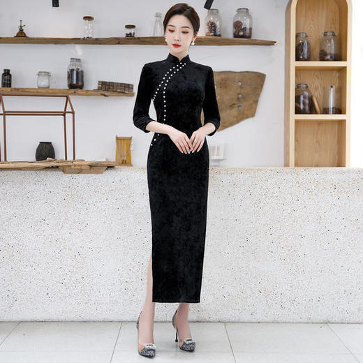 XL-2238日常改良中国风长款七分袖丝绒旗袍 商品图0
