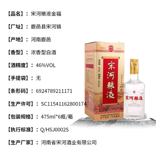 【担责产品】宋河粮液金幅 46度/50度浓香型白酒 整箱6瓶*475ml包邮 商品图6