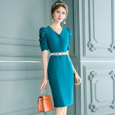 FMY-F20XL31981气质女神范V领修身职业裙子纯色连衣裙 商品图1