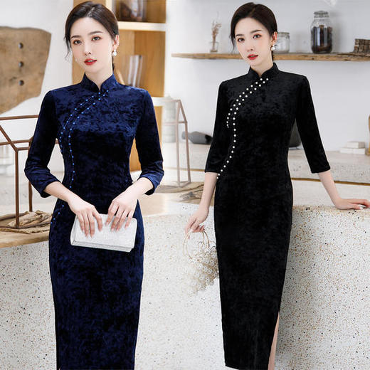 XL-2238日常改良中国风长款七分袖丝绒旗袍 商品图1