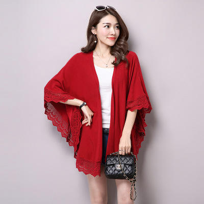 fczx6210蕾丝花边长袖针织衫开衫女款中长款薄外套宽松披肩