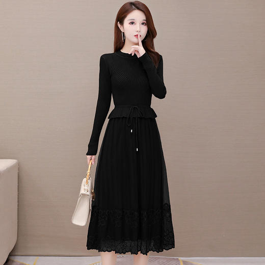 QYM-LRX-M9206-L长款假两件拼接长袖针织连衣裙 商品图3