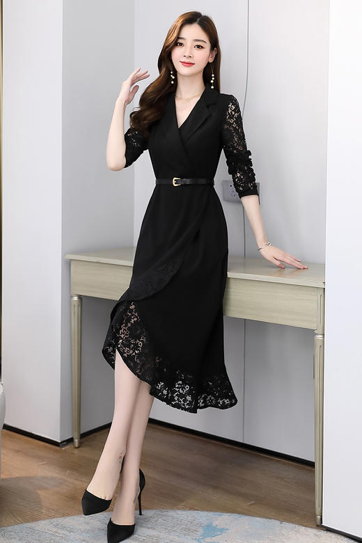 WZNH-GJC2927秋季新款女装时尚气质修身荷叶边蕾丝拼接连衣裙 商品图4